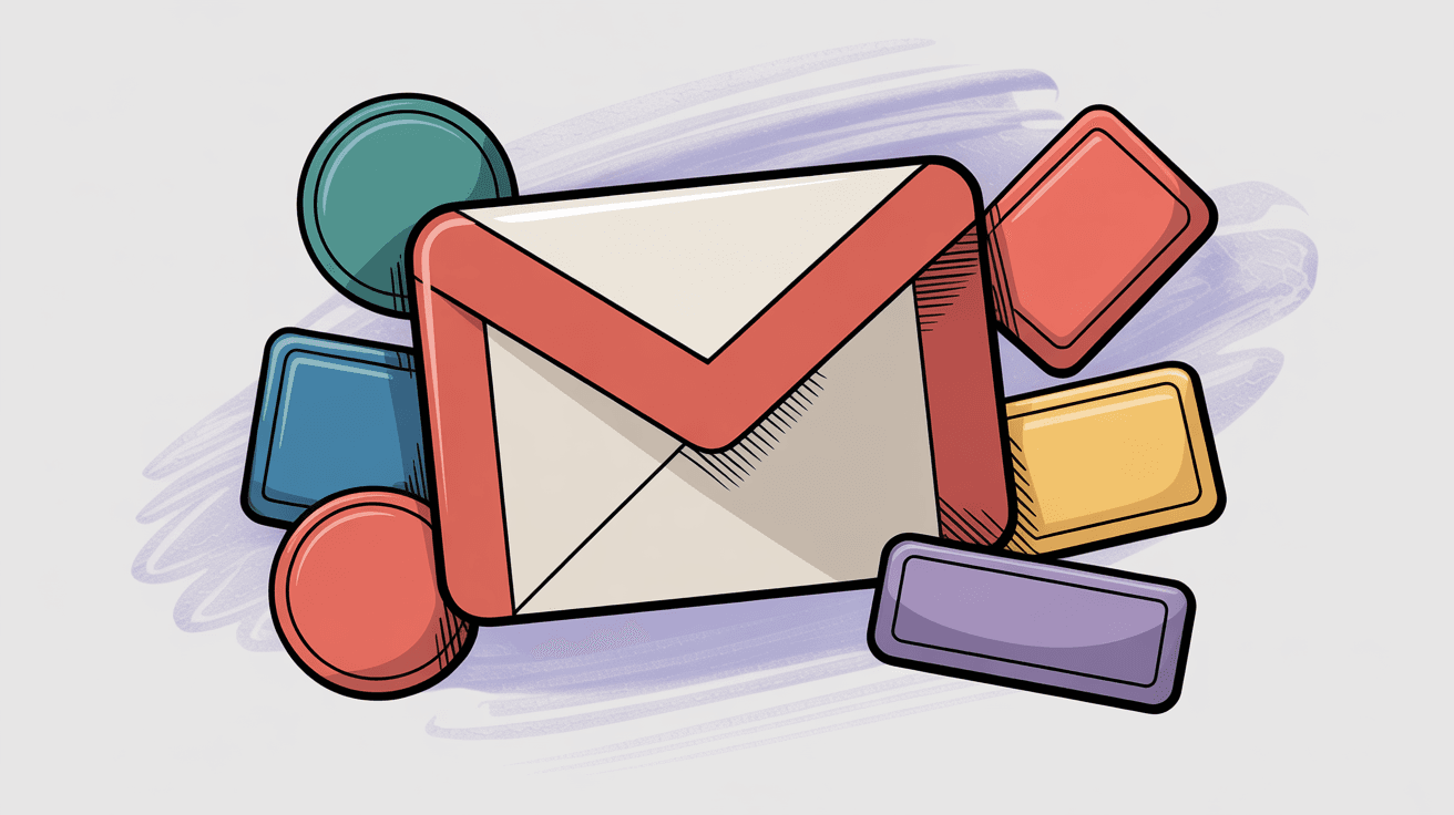 Gmail envelope with multiple colorful label tags showing Gmail's label system