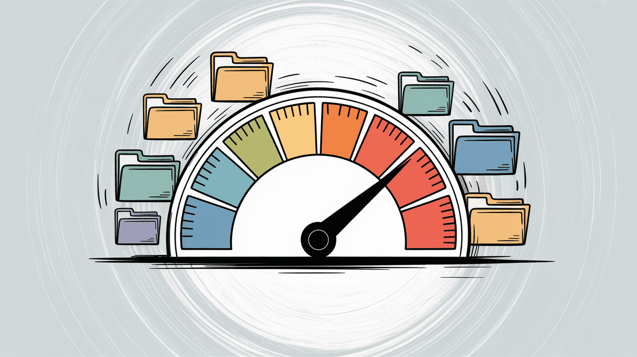 Gmail storage warning illustration showing a gauge nearly full with folder icons representing Gmail, Google Drive, and Google Photos sharing the 15GB limit